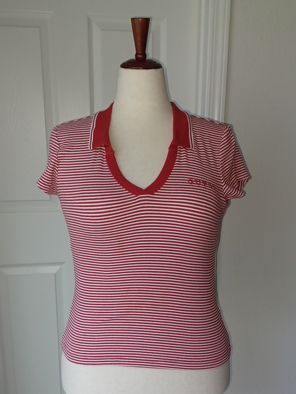 Guess Red & White Striped V-Neck Polo Tee